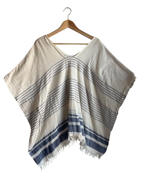 The Handloom Sweaters - Handloom Nomad Cotton Poncho Beige Striped Fringe Boho Made Turkey Handmade